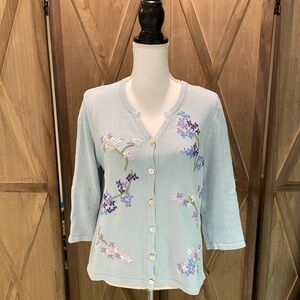Appleseed's Light Blue Floral embroidered Cardigan women’s S grunge cabin